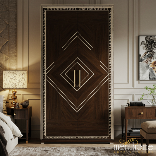 Elegant Wooden Wardrobe with Geometric Inlay Design | Luxury Handmade Wardrobe