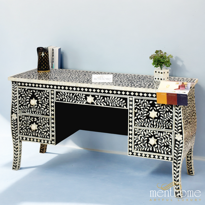 Black 5 drawers Bone Inlay Floral office desk | Luxury Handmade Desk