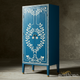 Blue Wooden Tall Storage Cabinet with Floral Inlay | Luxury Handmade Tallboy