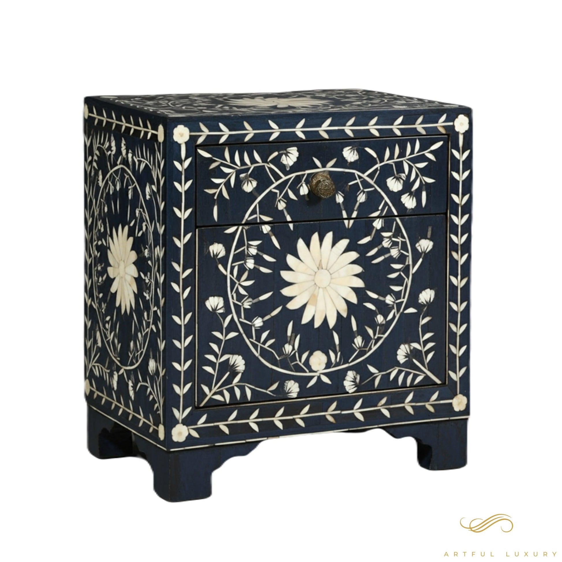 Handmade Floral Pattern Bone Inlay Bedside Table with One Drawer | Luxury Handmade Bedside Table