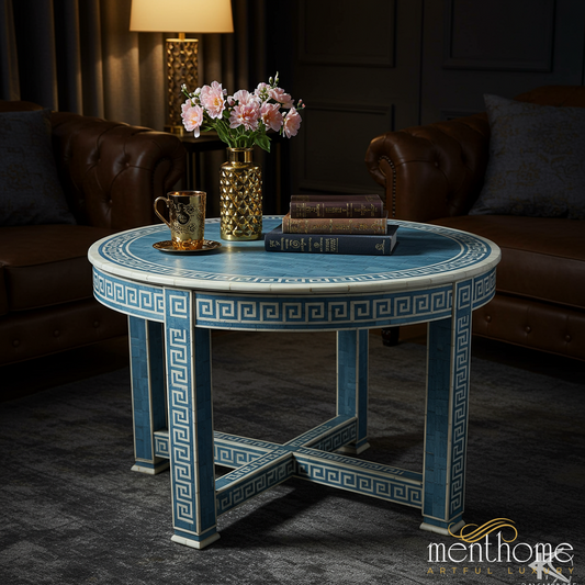 Elegant Blue and White Greek Key Pattern Round Coffee Table | Luxury Handmade Coffee Table