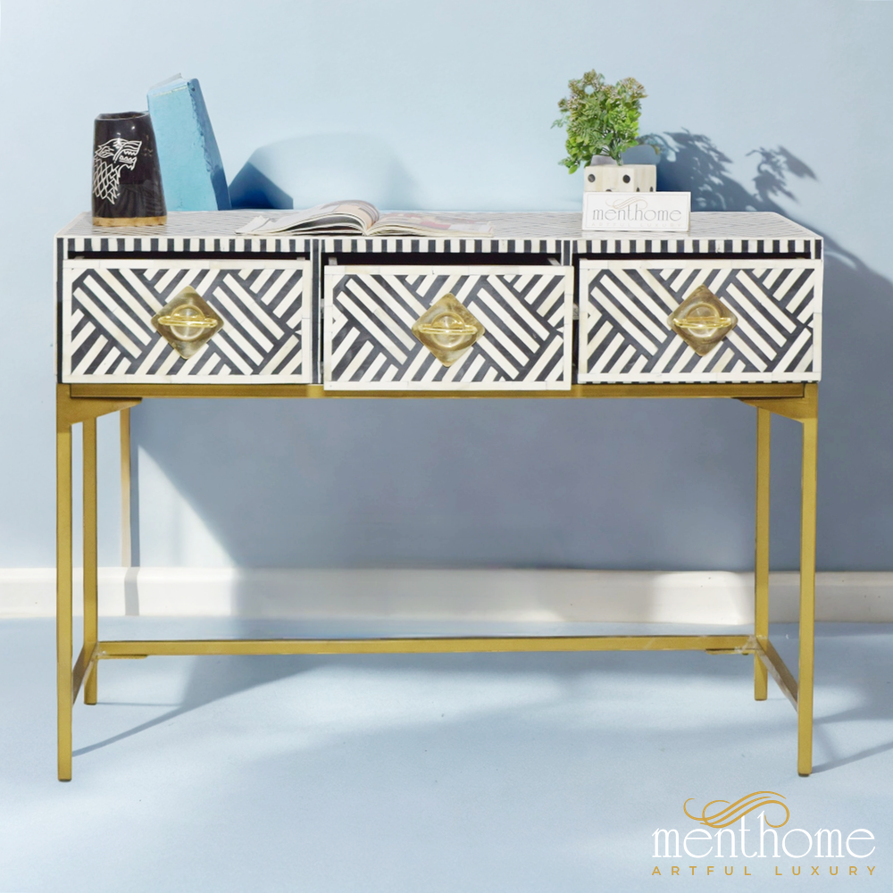 Black 3-Drawer Optical Pattern Bone Inlay Desk with Brass Leg | Luxury Handmade Desk