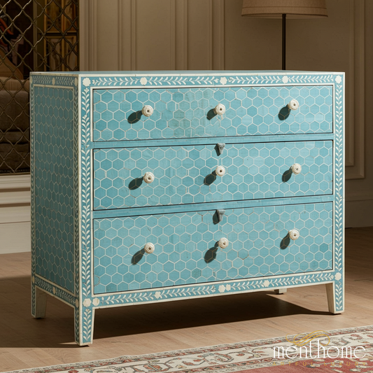 Blue Hexagon Pattern Wooden Chest of Drawers | Luxury Handmade Chest of Drawer
