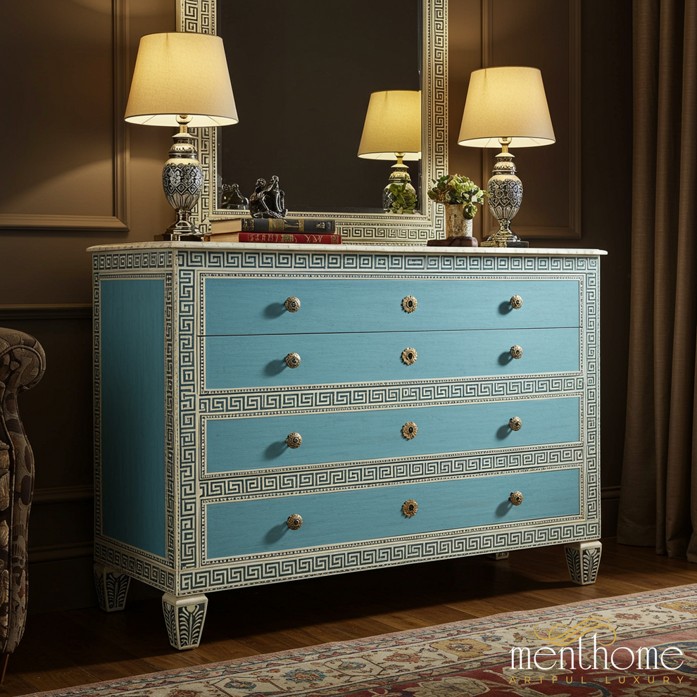 Vintage Blue Greek Key Dresser | Luxury Handmade Dresser Menthome USA Vintage Blue Greek Key Dresser | Luxury Handmade Dresser Menthome USA