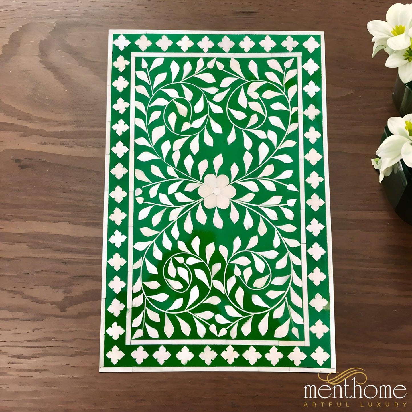 Resin Green  Floral Pattern One Drawer Bedside Table | Luxury Handmade Bedside Table