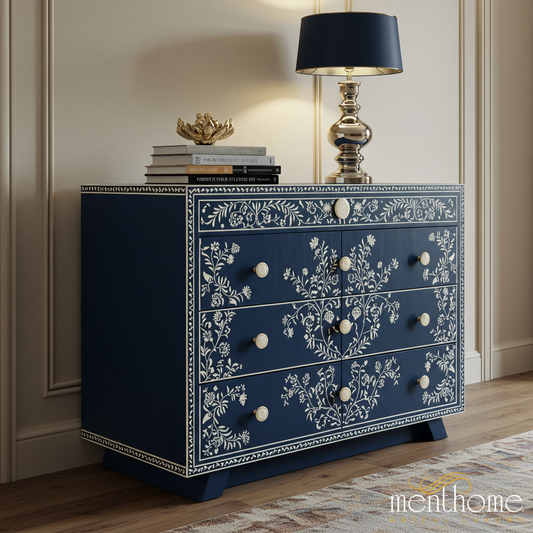 Navy Blue Floral Hand-Painted Wooden Dresser | Luxury Handmade Dresser