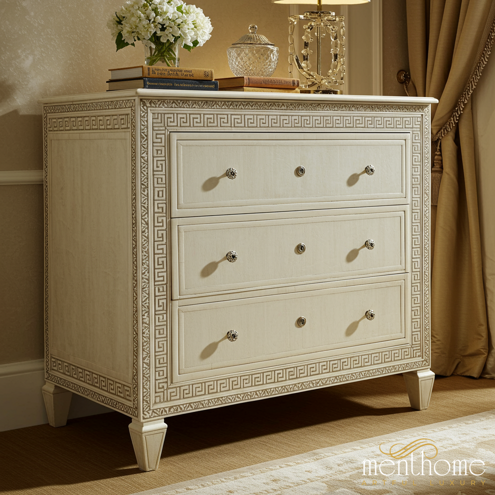 Classic Ivory 3-Drawer Chest with Decorative Trim | Luxury Handmade Dresser - M(60"Wx18"Dx30"H) / Bone-like Classic Ivory 3-Drawer Chest with Decorative Trim | Luxury Handmade Dresser - M(60"Wx18"Dx30"H) / Bone-like