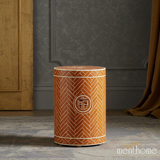 Decorative Cylindrical Wooden Stool with Geometric Pattern | Luxury Handmade Stool