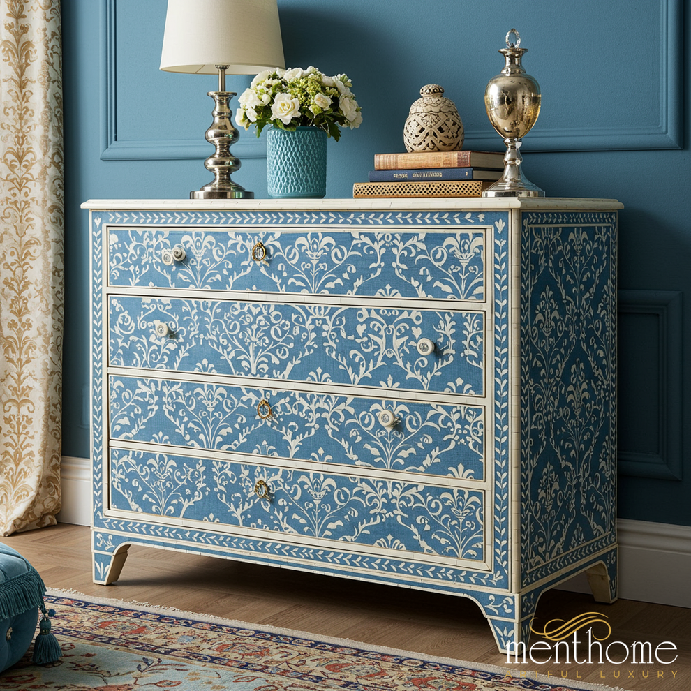Blue And White Floral Patterned Chest Of Drawers – patterne... S(42