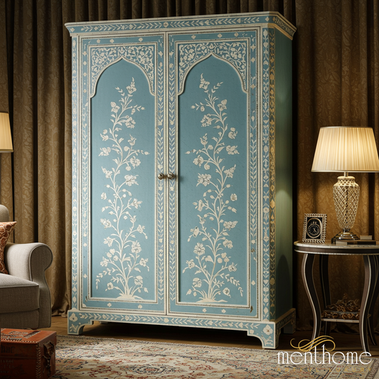 Hand-Painted Blue Floral Wooden Wardrobe | Luxury Handmade Wardrobe