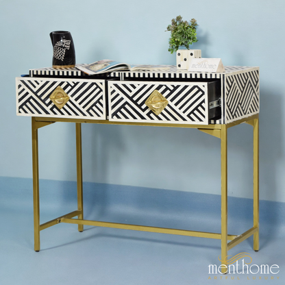 Optical Pattern 2 Drawers Bone Inlay Desk with Brass Leg | Luxury Handmade Desk