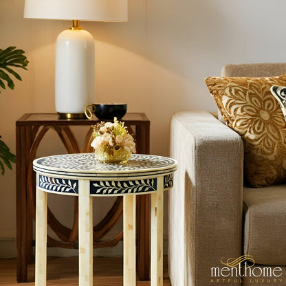 Black Bone Inlay Side Table | Delicate Geometric Motif | Artisan Craftsmanship | Ideal for Living Rooms and Bedrooms | Luxury Handmade Side Table