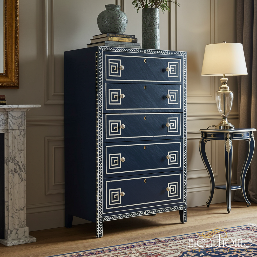 Elegant Navy Blue Inlaid 5-Drawer Chest | Luxury Handmade Tallboy - L(28"Wx18"Dx60"H) / Bone Inlay Elegant Navy Blue Inlaid 5-Drawer Chest | Luxury Handmade Tallboy - L(28"Wx18"Dx60"H) / Bone Inlay