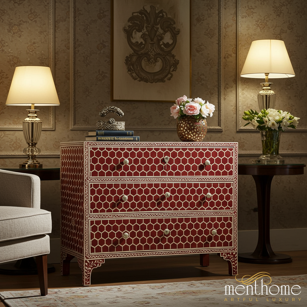 Red Handcrafted Bone Inlay Chest of Drawers | Luxury Handmade Chest of Drawer