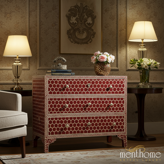 Red Handcrafted Bone Inlay Chest of Drawers | Luxury Handmade Chest of Drawer