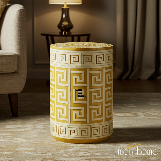 Ceramic Garden Stool with Greek Key Pattern | Luxury Handmade Stool