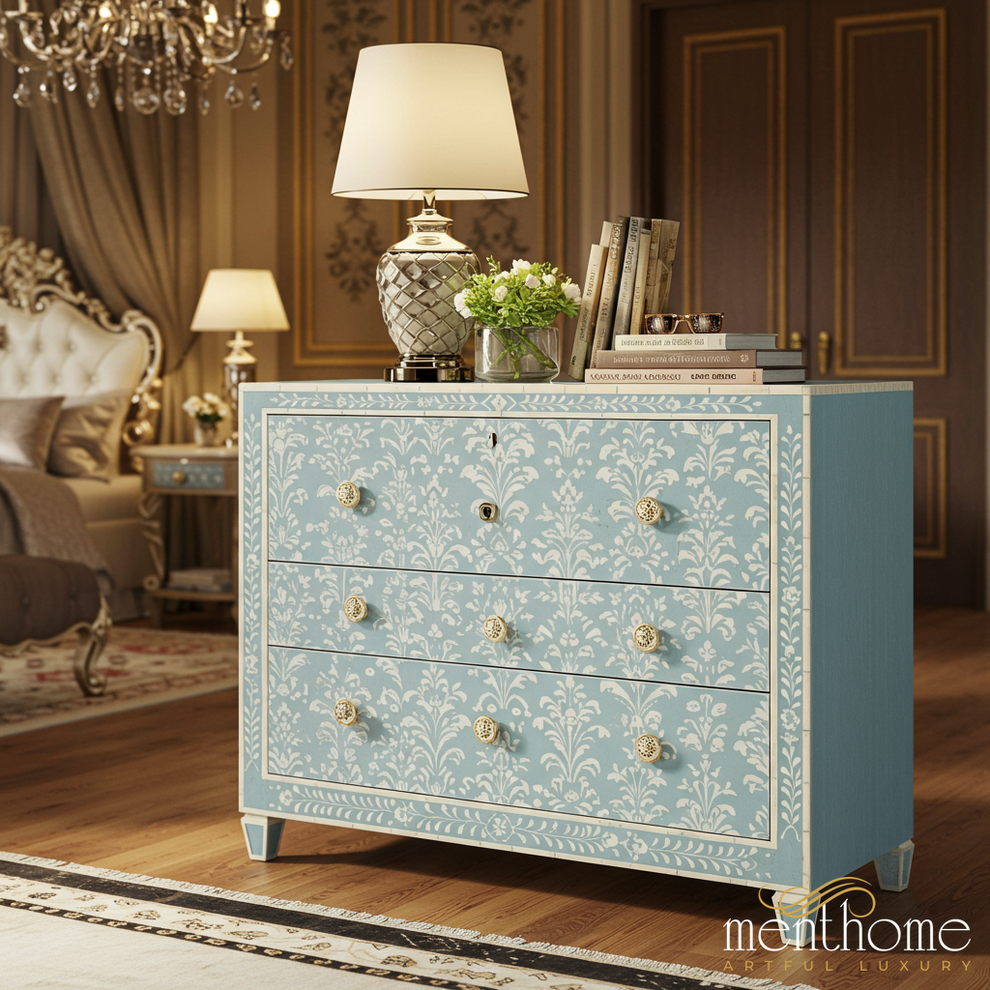 Vintage Blue Floral Patterned Wooden Dresser | Luxury Handmade Dresser   Menthome USA