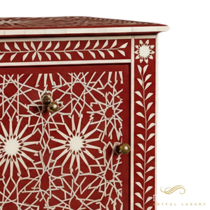 Handmade Bone Inlay Red Bedside Table In Geometric Pattern | Luxury Handmade Bedside Table