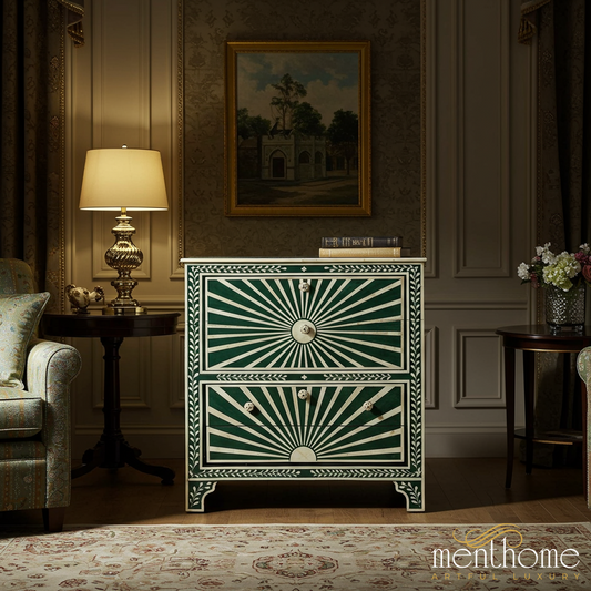 Handcrafted Green Bone Inlay Chest of Drawers | Luxury Handmade Chest of Drawer