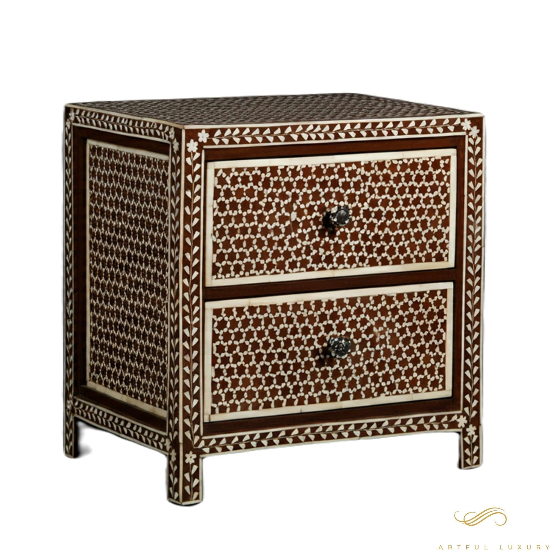 Bone Inlay Honeycomb Pattern Bedside Table with Two Drawers | Luxury Handmade Bedside Table