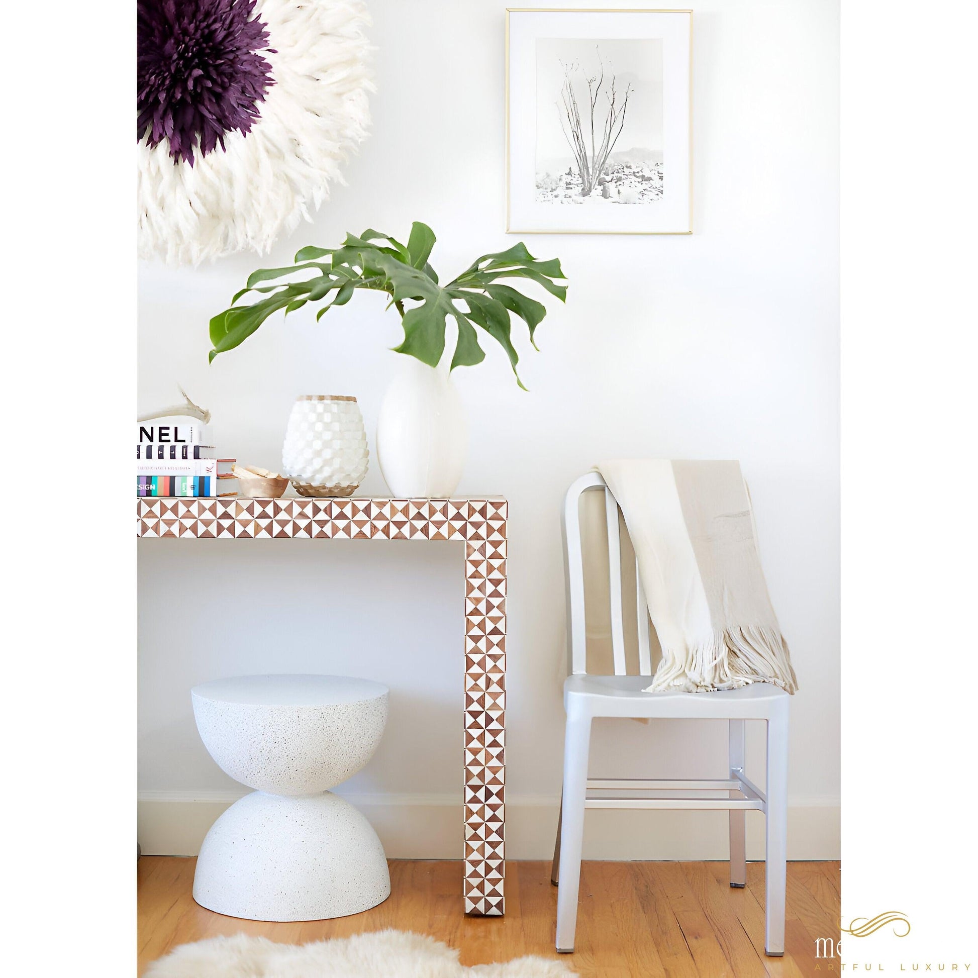 Teak Wood Console Table Intarsia 50" Rectangular Mosaic | Luxury Handmade Console