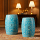 Blue Ceramic Garden Stools with Intricate White Leaf Pattern | Luxury Handmade Stool