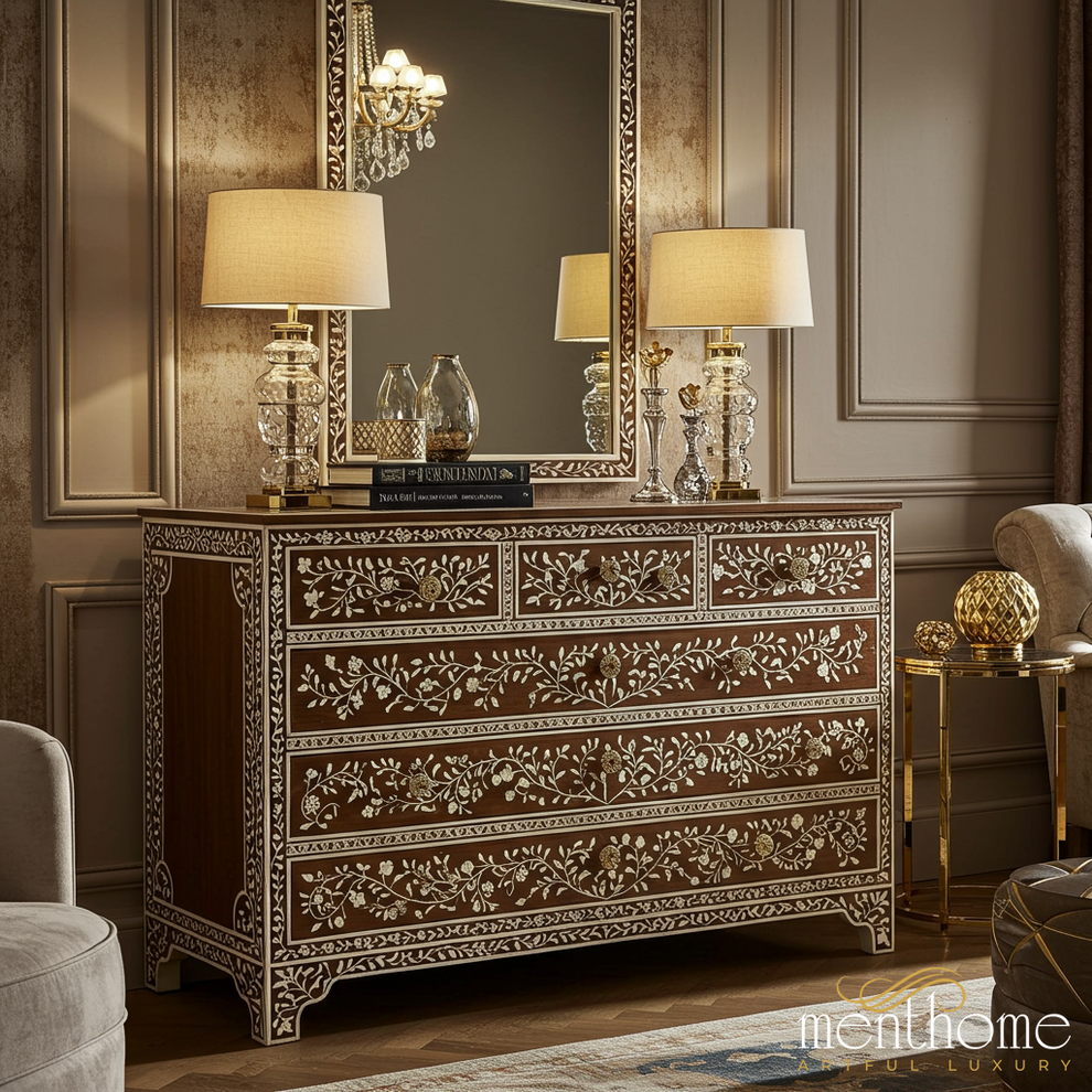 dresser luxury Ornate Floral Inlaid Wooden Dresser
