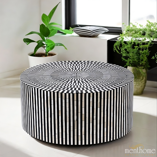 Bone Inlay Round Coffee Table White Bone geometric coffee table | Luxury Handmade Coffee Table