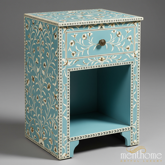 Handcrafted Floral Inlay Side Table | Luxury Handmade Bedside Table