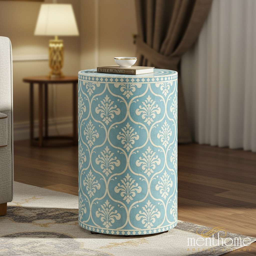 Vintage Blue Drum Side Table | Luxury Handmade Side Table