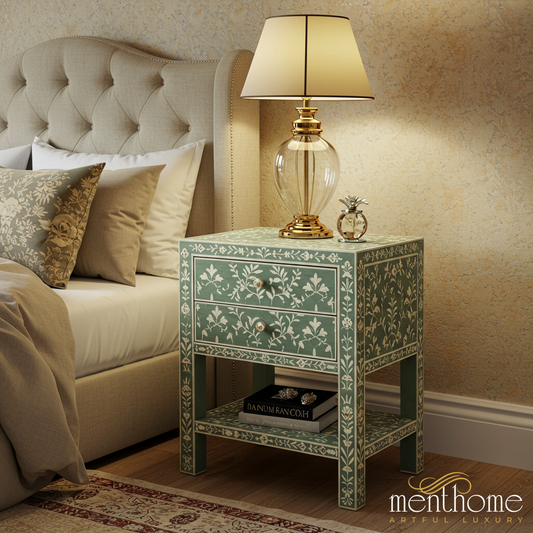 Hand-Painted Floral Pattern Wooden Nightstand | Luxury Handmade Bedside Table