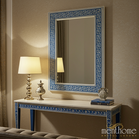 Elegant Blue and White Patterned Large Wall Mirror | Luxury Handmade Mirror