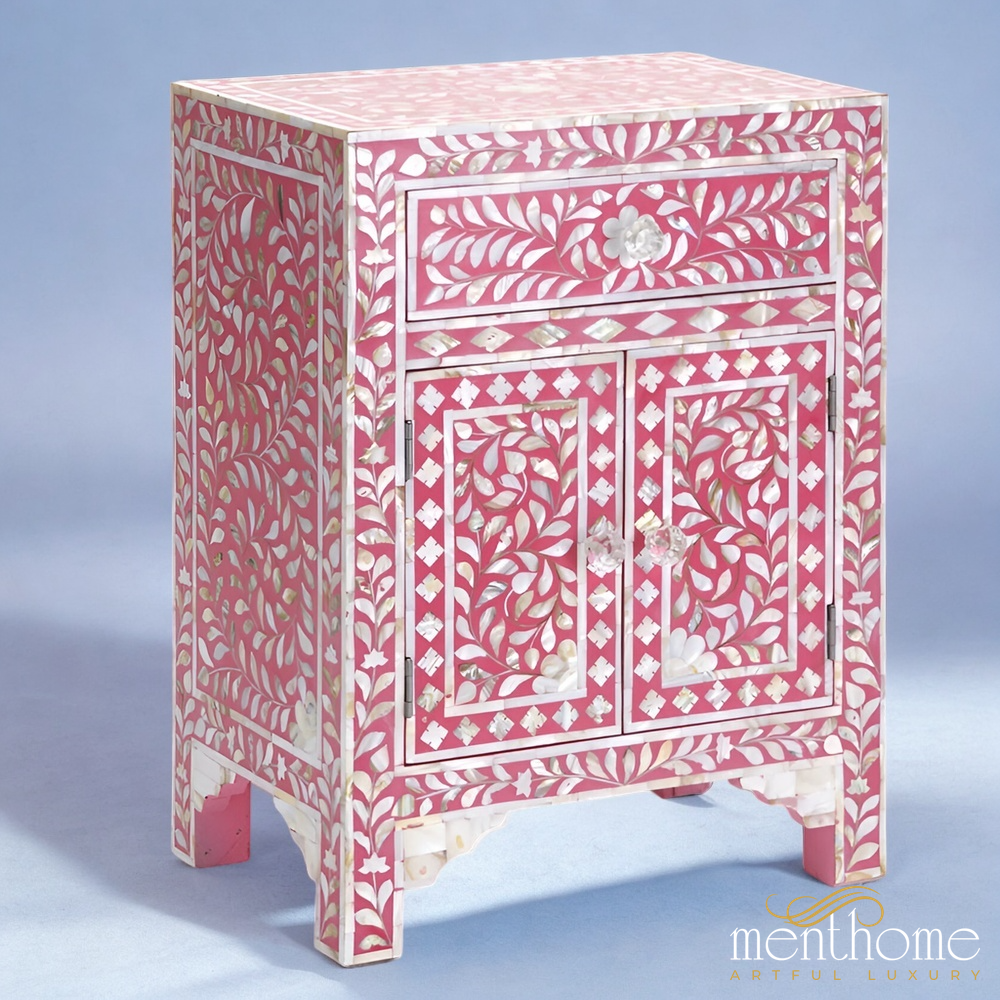 Pink Bone Inlay Bedside Table Handcrafted floral design | Luxury Handmade Bedside Table