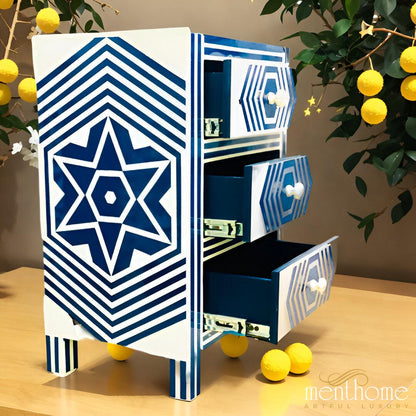 Star Design Blue and White 3 Drawer Resin Bedside Table | Luxury Handmade Bedside Table