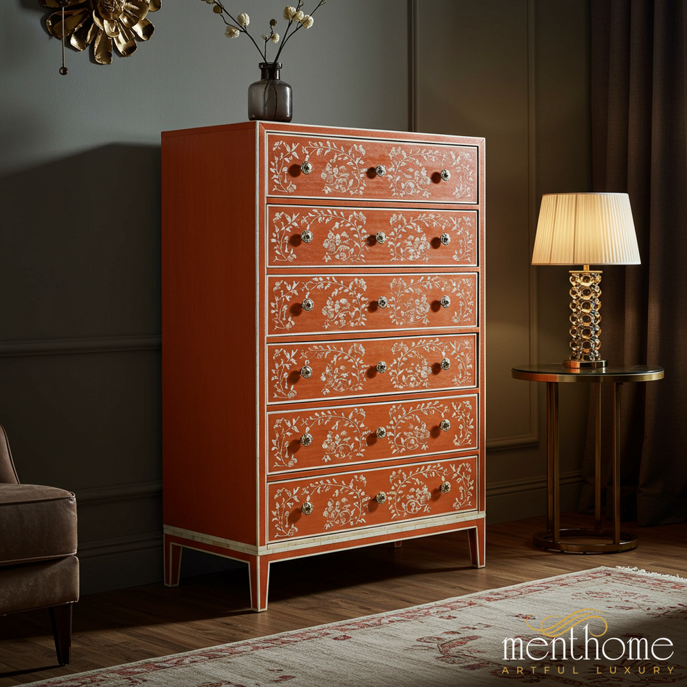 Hand-Painted Floral Tall Dresser | Luxury Handmade Tallboy - S(18"Wx16"Dx48"H) / Bone-like Hand-Painted Floral Tall Dresser | Luxury Handmade Tallboy - S(18"Wx16"Dx48"H) / Bone-like