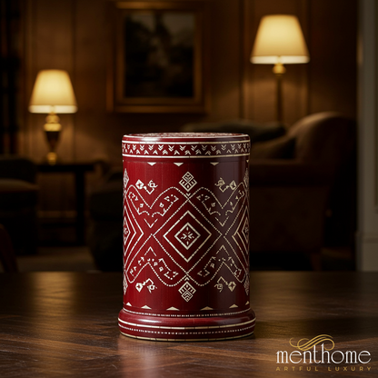 Handcrafted Red Decorative Wooden Vase with Geometric Patterns | Luxury Handmade Stool