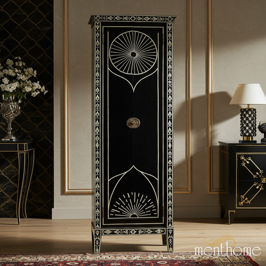 Black and Gold Inlay Decorative Tall Cabinet | Luxury Handmade Tallboy