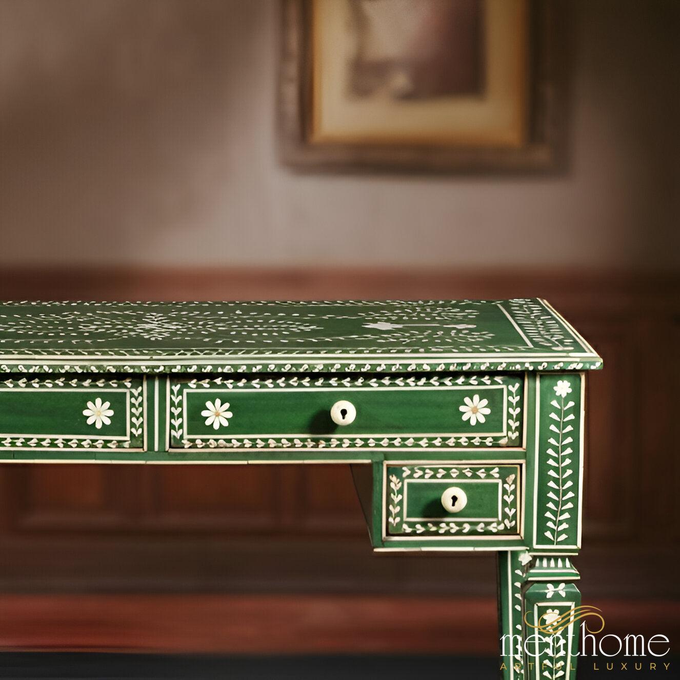 Bone Inlay Green Desk | Handcrafted Elegance | Intricate Design with Timeless Appeal | Perfect for Home or Office | Luxury Handmade Desk