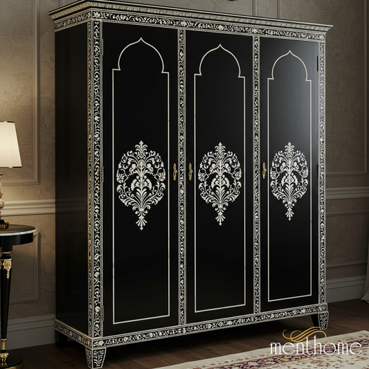 Elegant Black and White Ornate 3-Door Wardrobe | Luxury Handmade Wardrobe