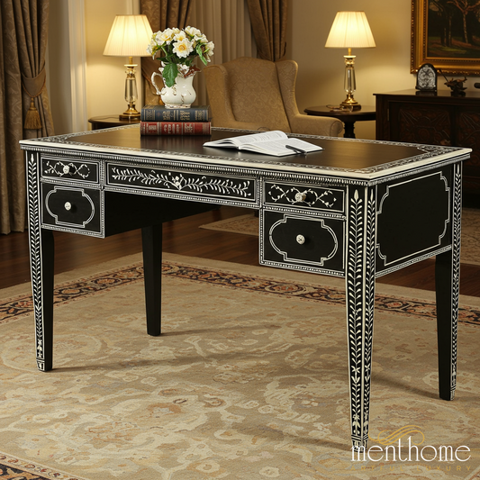 Elegant Black Desk with Intricate White Inlay | Luxury Handmade Desk