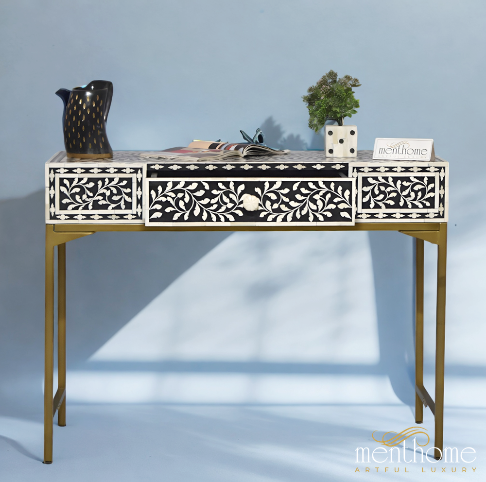 Floral 1 Drawer Bone Inlay Desk with Brass Leg | Luxury Handmade Desk