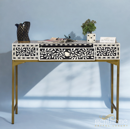 Floral 1 Drawer Bone Inlay Desk with Brass Leg | Luxury Handmade Desk