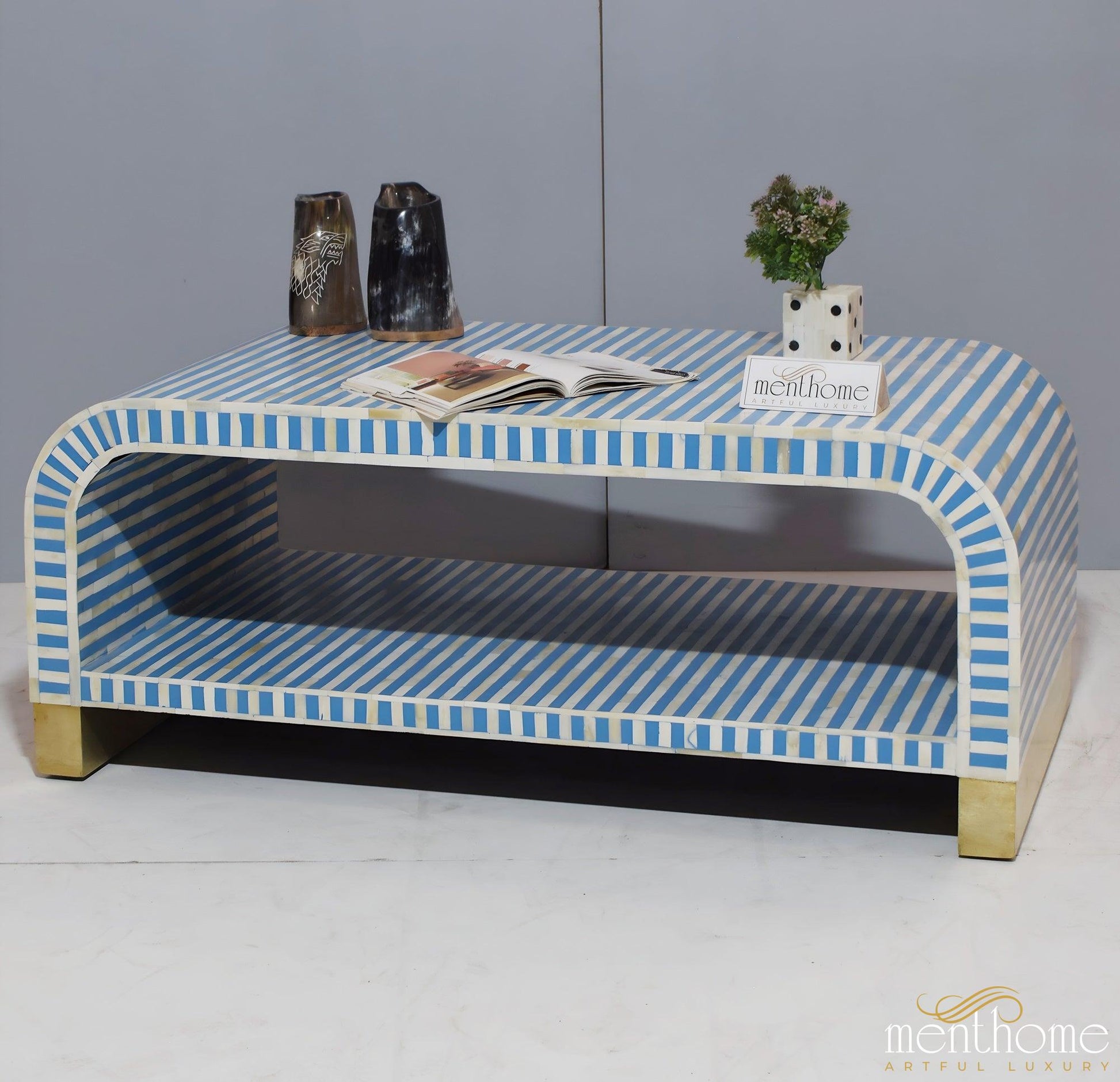 Double Shelf Table Waterfall Bone Inlay Coffee Table | Luxury Handmade Coffee Table