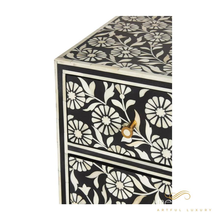Bone Inlay 3-Drawer Dresser Large in Black Color | Luxury Handmade Dresser
