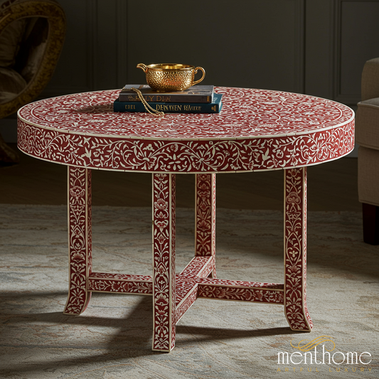 Handcrafted Red and White Floral Inlay Round Coffee Table | Luxury Handmade Coffee Table