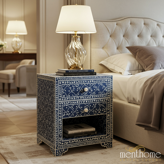 Blue and White Floral Patterned Bedside Table with Two Drawers and Open Shelf | Luxury Handmade Bedside Table