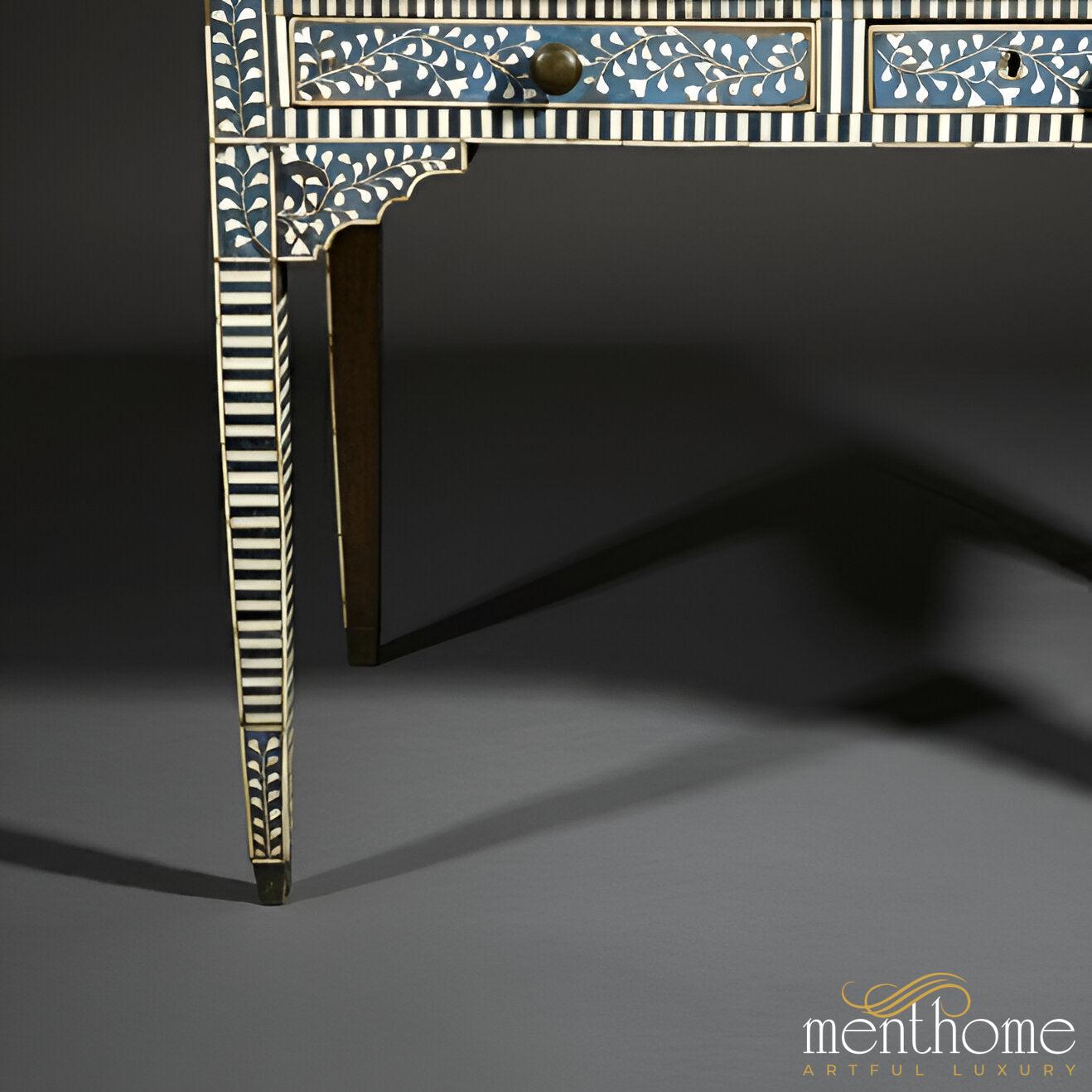 Bone Inlay Light Blue Desk | Unique Geometric Design | Artisan-Crafted Luxury for Your Workspace | Luxury Handmade Desk