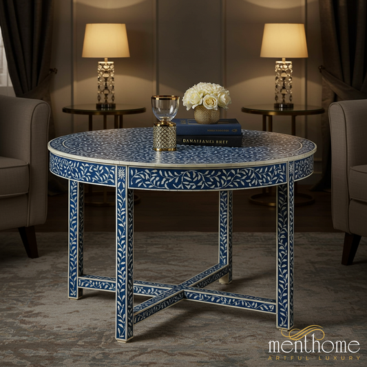 Handcrafted Blue and White Inlay Round Coffee Table | Luxury Handmade Coffee Table