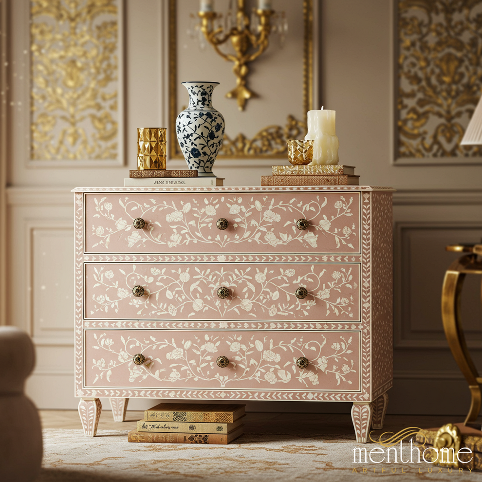Elegant Floral Hand Painted Pink Dresser With Decorative Kn… – Menthome USA