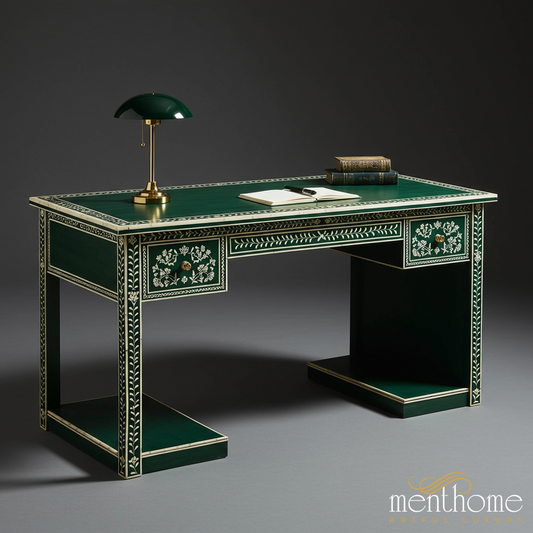 Elegant Green Wooden Desk with Inlaid Floral Design | Luxury Handmade Desk